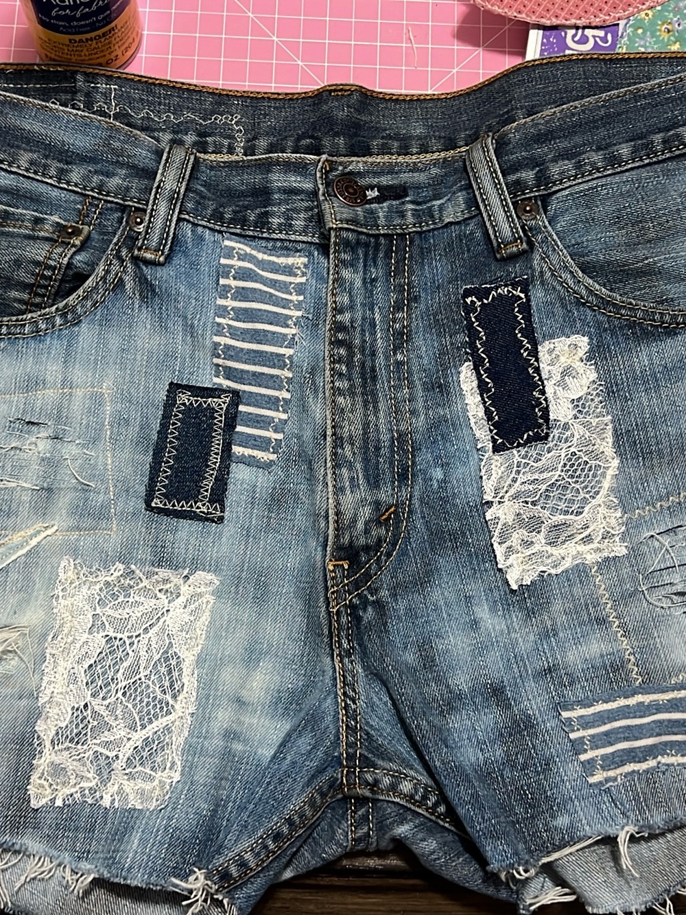 Denim Patchwork upcycled Levi’s Jeans Shorts - Light Blue